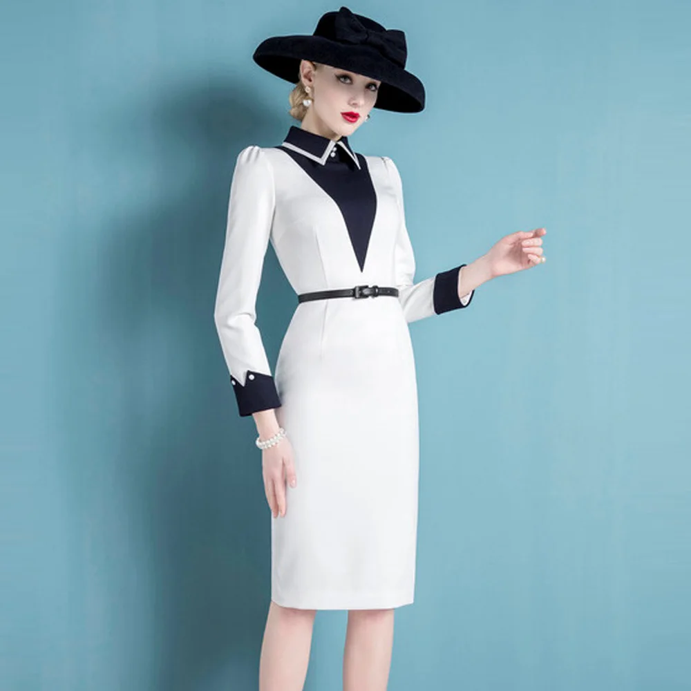 High End Temperament Celebrity Hepburn Xiaoxiangfeng New Spring White Long Sleeve Dress