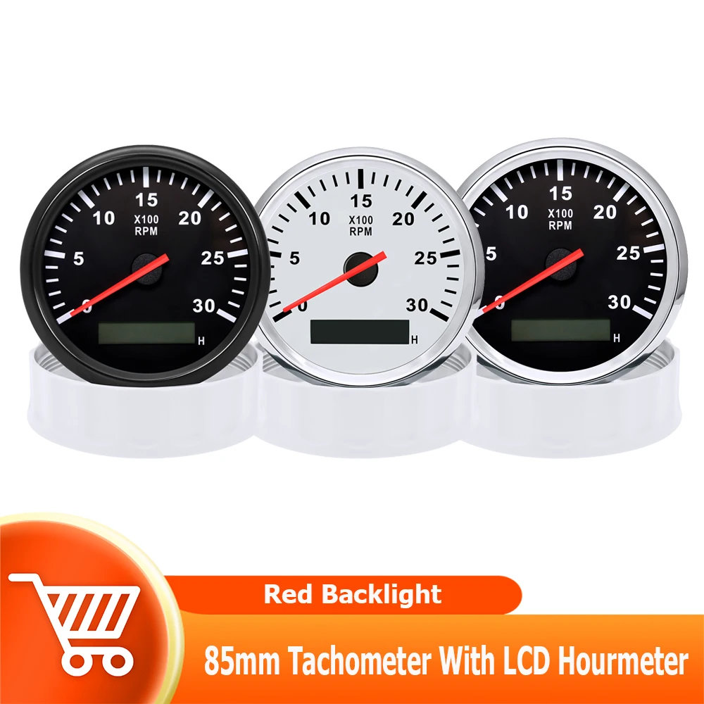 

3000RPM-8000RPM 85mm Tachometer with LCD Hourmeter Red Backlight for Car Boat Gasoline Diesel Engine