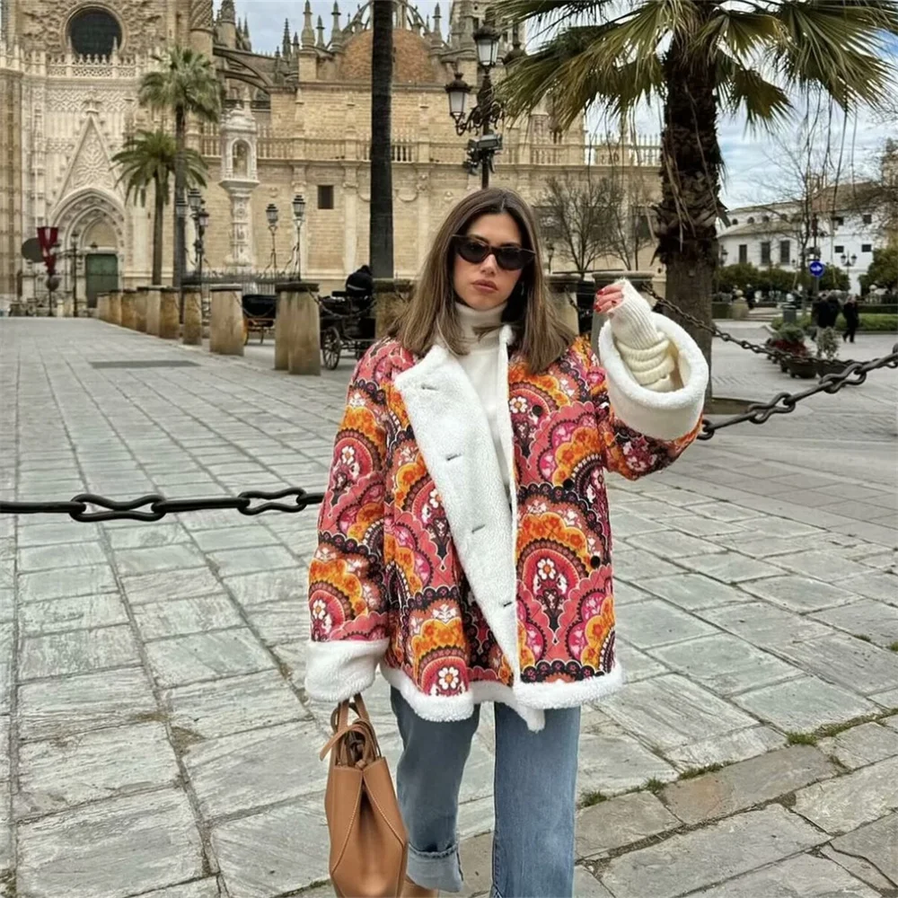

Zach Ailsa Autumn New Women's Fashion Versatile Lamb Wool Printed Round Neck Loose Long Sleeve Cotton Jacket