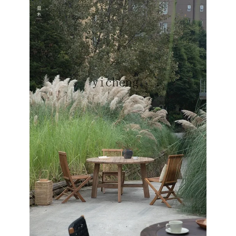Solid Wood Courtyard Outdoor Round Table Terrace Balcony Teak Outdoor Garden Balcony Occasional Table