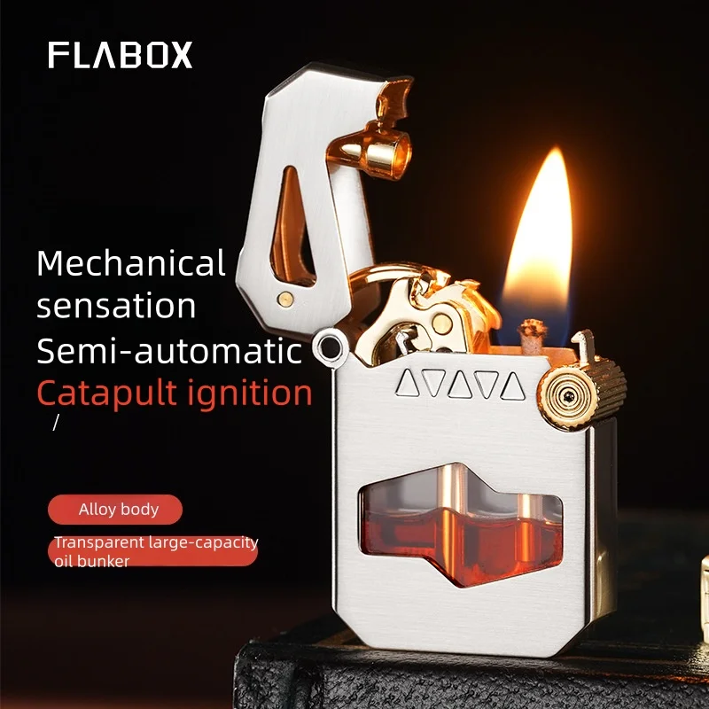 

New Mechanical Catapult Ignition Transparent Oil Tank Lighter Metal Retro Grinding Wheel Open Flame Lighter Men's Fashion Gifts