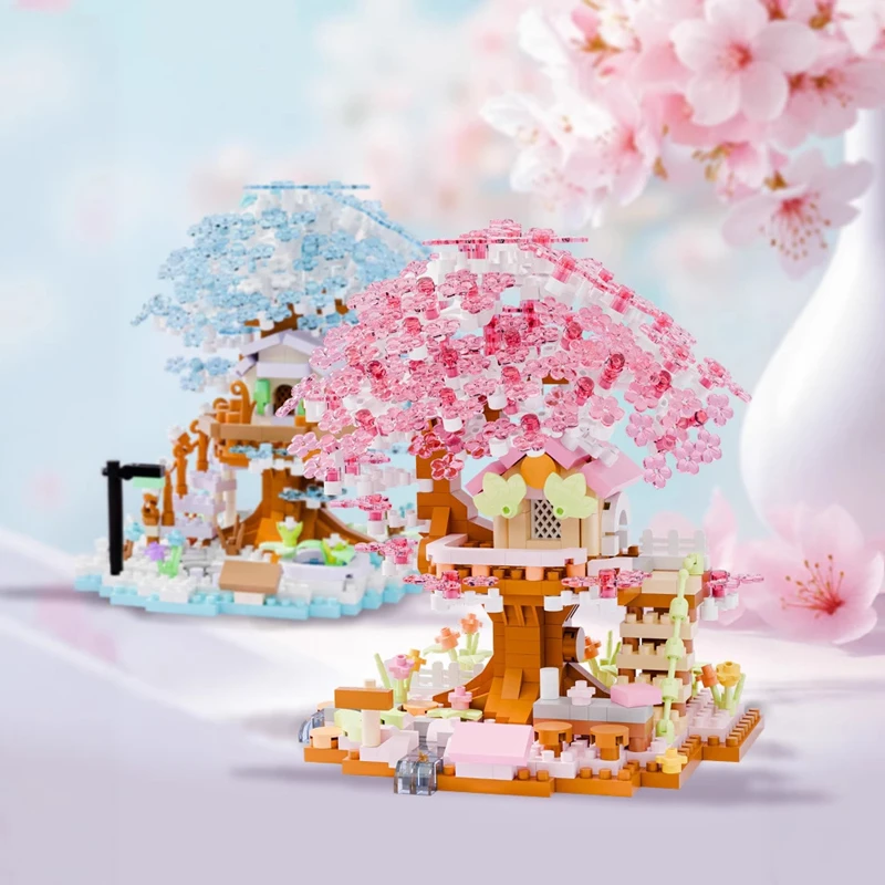 ロマンチックな 4 色桜ツリーハウスビルディングブロック教育組立おもちゃバレンタインデーのインテリア装飾品ギフト