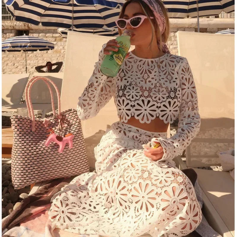 

Women See Through Crochet Top 2 Piece Set Elegant Hollow Out Flare Long Sleeve Top Slim Hip Package Skirts 2024 Summer Lady Suit