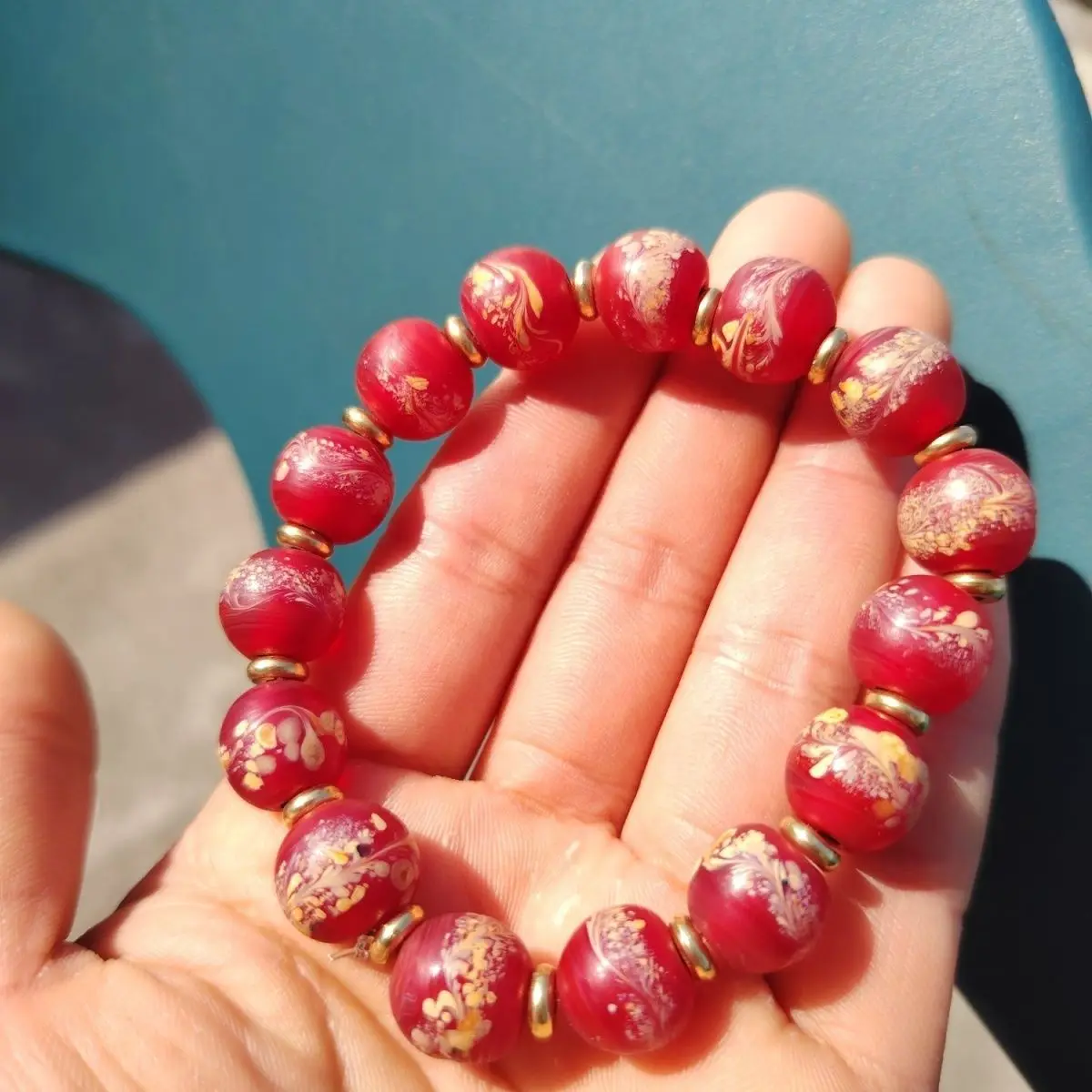 Unique Chinese Style Lucky Red Phoenix Tail Translucent Vintage Glass Beaded Bracelet 12mm 15 Beads Blessing Wealth Good Luck