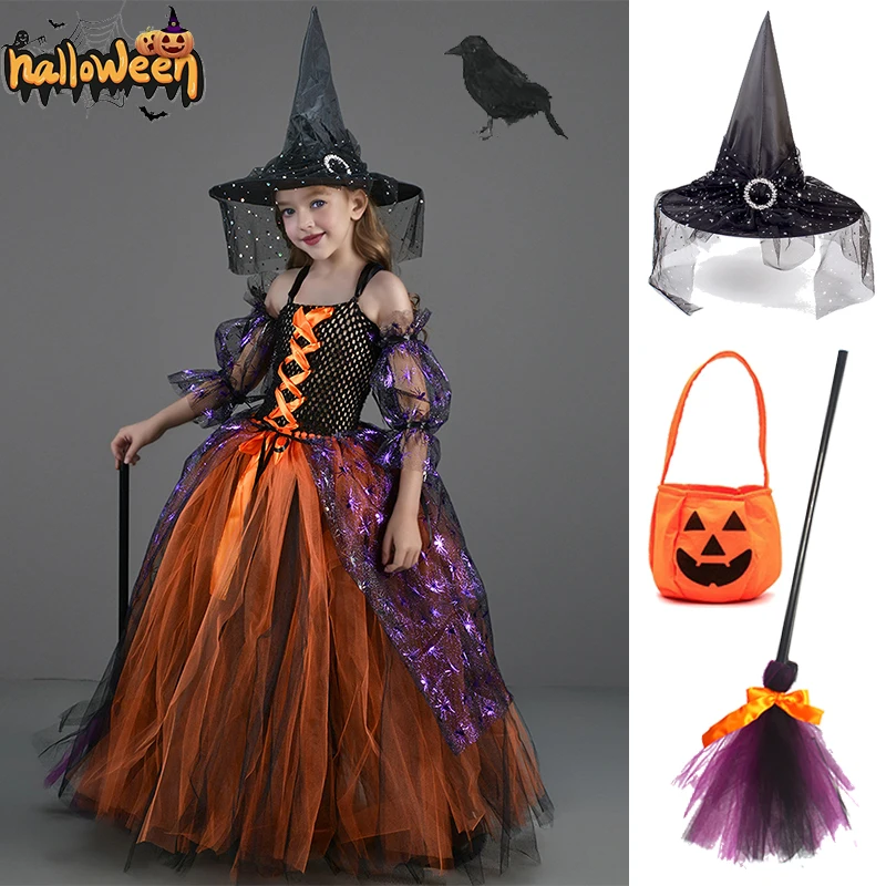 Halloween Witch Dress Baby Girls Luxurious Witch Costumes Halloween Witch Cosplay TuTu Dress Children Halloween Party Clothings