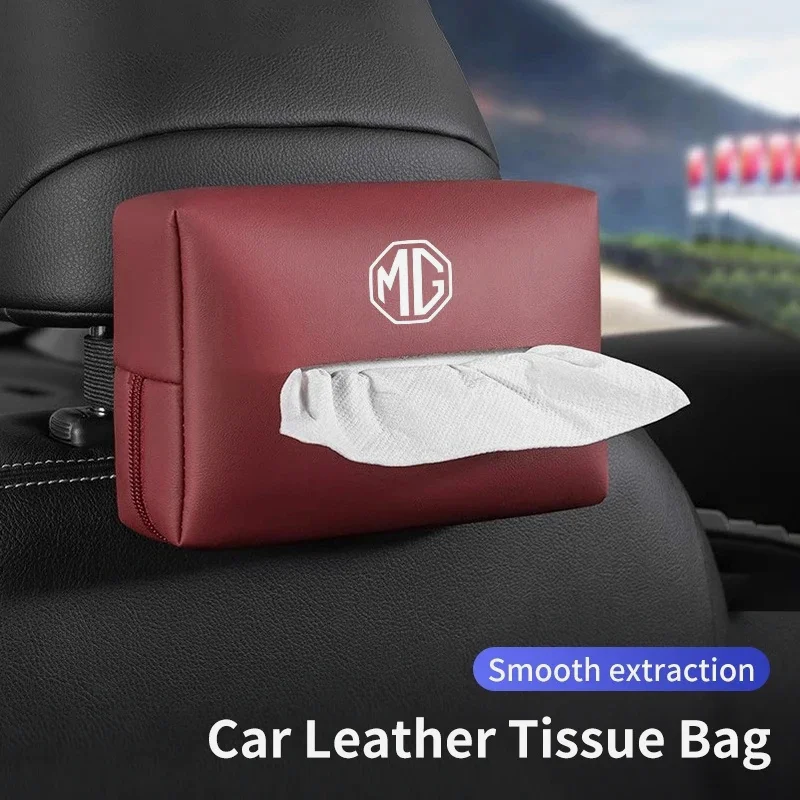 MG Logo Leather Seat Back Tissue Box Hanging Storage Bag For MG Mulan ZS HS MG5 MG6, Car Tissue Holder Interior Decor Accessorie
