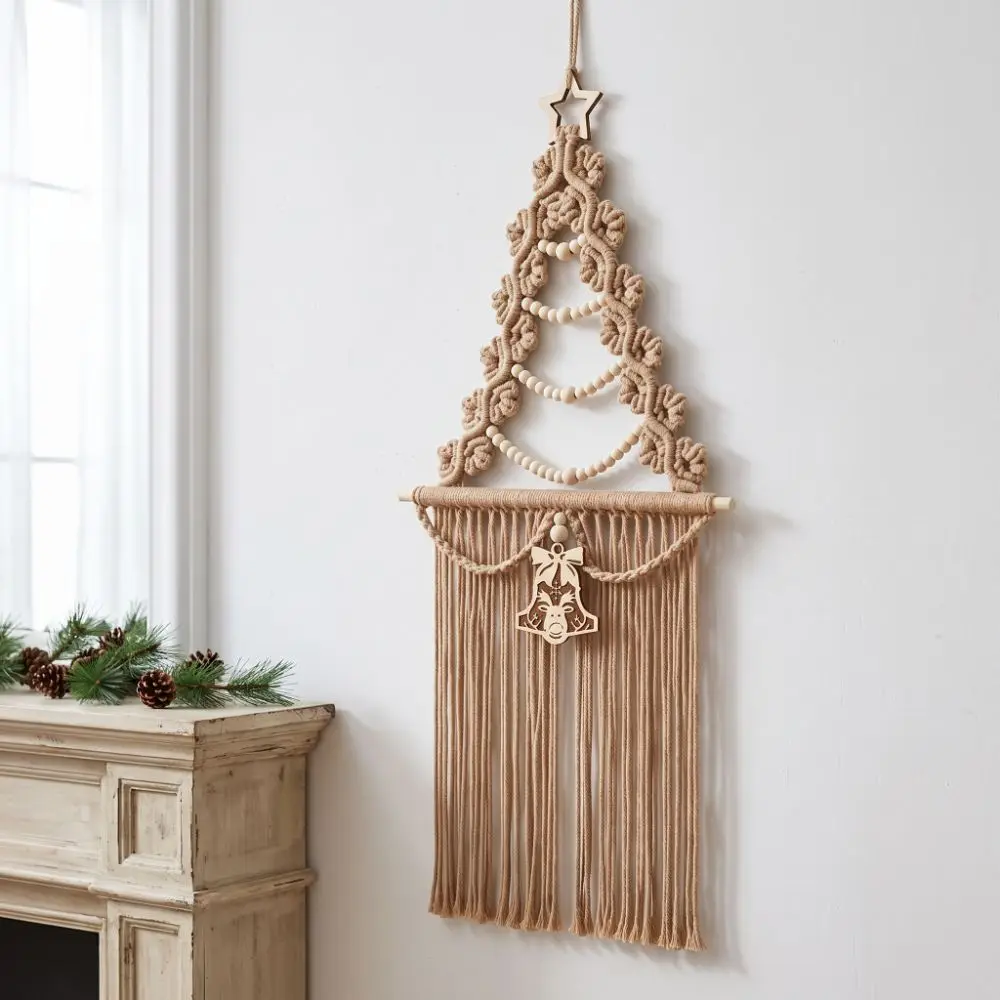 Wood Beads Christmas Tree Macrame Tapestry Aesthetic Art Cotton Rope Tassels Tapestry Woven Decorative Xmas Wall Decor Hotel