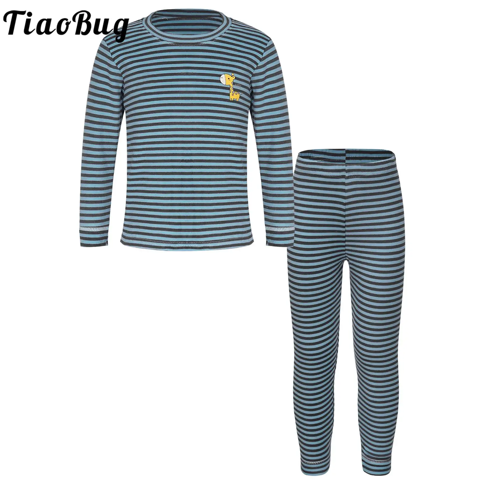 

Boys Girls Thermal Underwear Set Fleece Lined Base Layer Thermals Sets Striped Top with Pants Pajamas Set 2Pcs Sleepwear