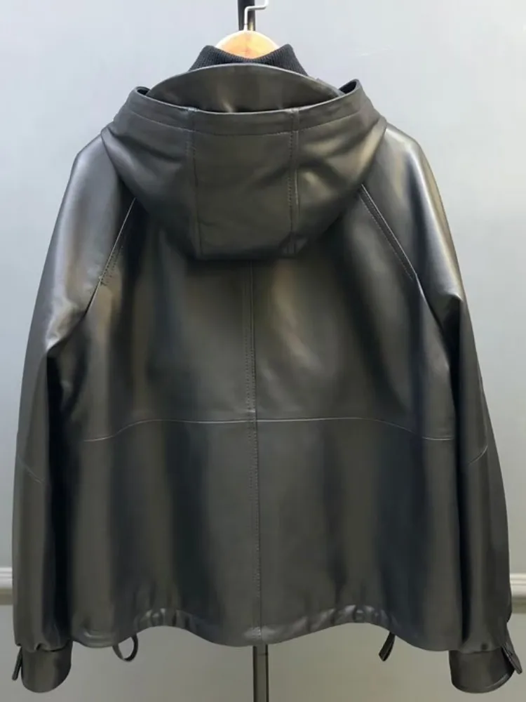 Prägnanter Stil für Damen, einfarbig, mit Kapuze, echtes Leder, lockere Schaffell-Tasche, Reißverschluss, Knopf, lange Ärmel, Oberbekleidung