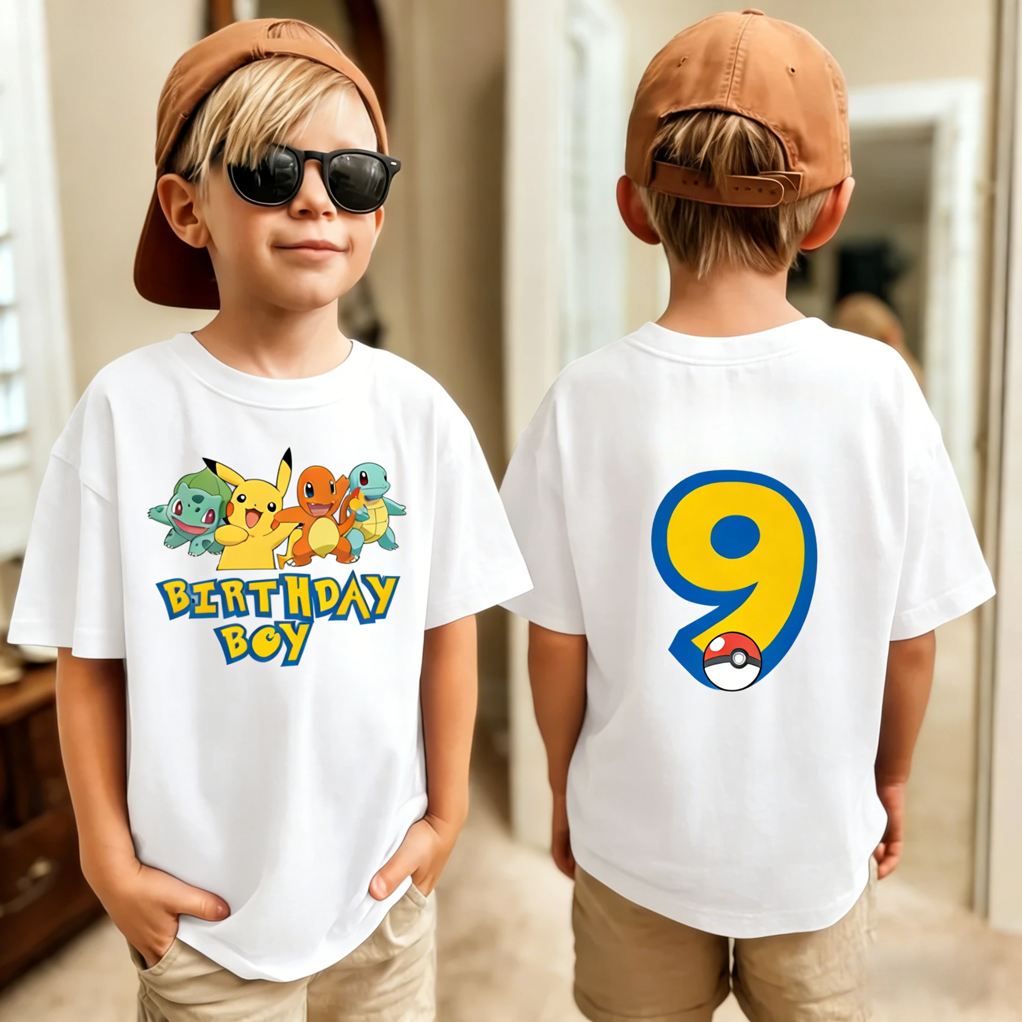 Geburtstags-T-Shirt, süßes Pikachu Pokémon 3-9 bedrucktes T-Shirt, Unisex, Sommer, Y2K, Harajuku, lockere Kurzarm-Eltern-Kind-Kleidung – Detail 18