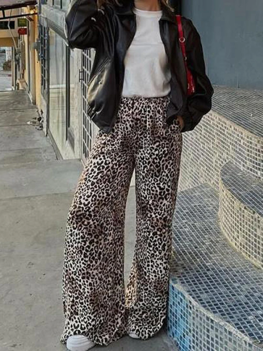 Women s Lounge Pants Casual Loose Leopard Print Elastic Waist Wide Leg Drawstring Pants for Summer Spring Fall