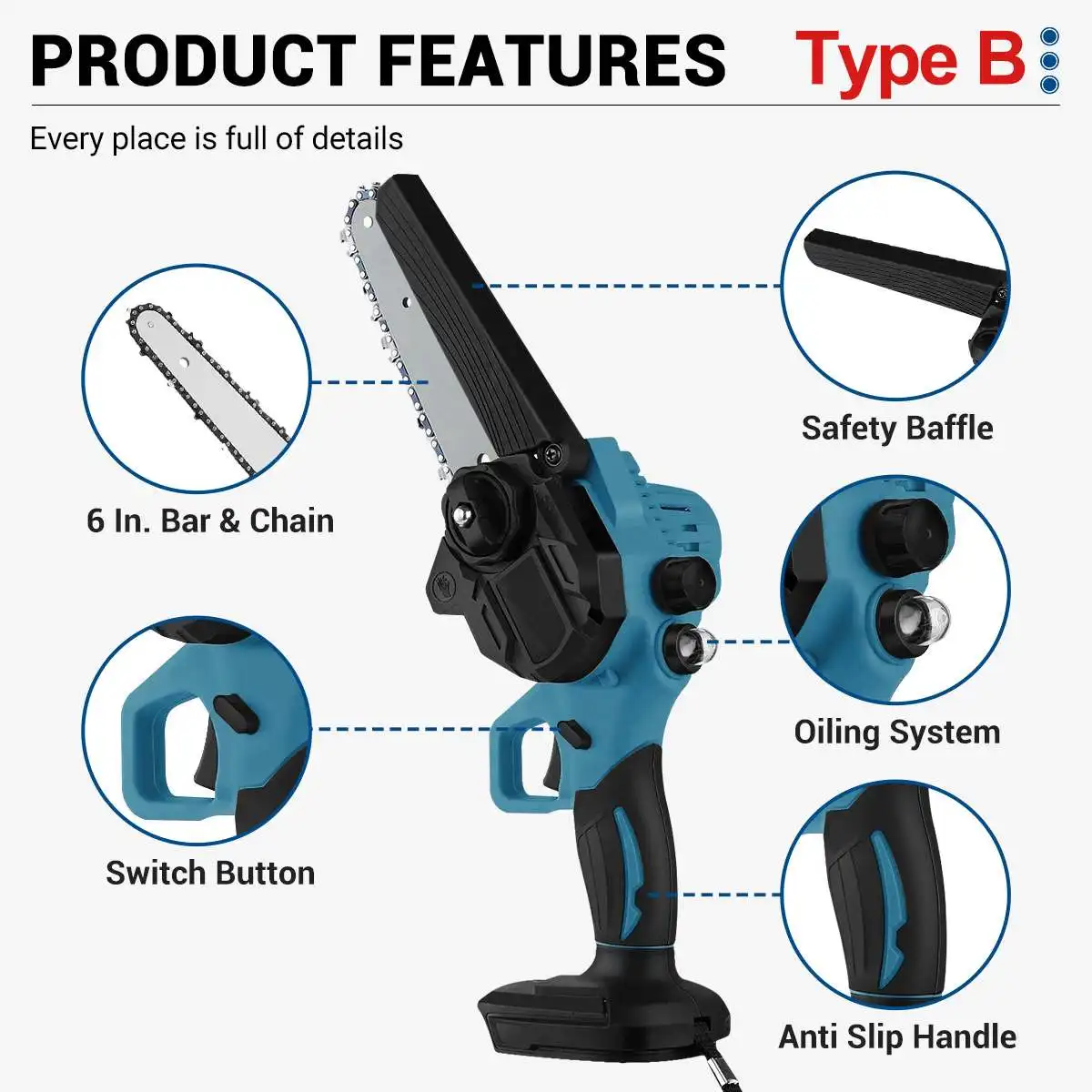 6 Inch Handheld Electric Chainsaw with Oil Pot Cordless Rechargeable Woodworking Garden Pruning Saw Tool for Makita 18V Battery