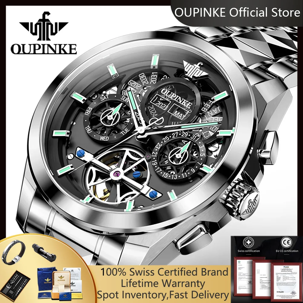 

Мужские автоматические механические часы OUPINKE 3233, скелетон, 42 мм, большой циферблат, роскошные, из вольфрамовой стали, оригинальные.