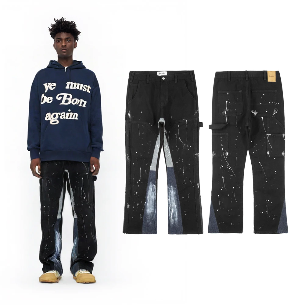 

Denim Patch Work Cargo Flared Jeans Man‘s Clothing Hip Hop Street Wear Retro Street Style Casual Spray Printed Denim Baggy Pants