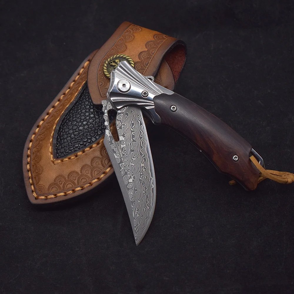 Cuchillo plegable de acero de Damasco con mango de palisandro, herramienta militar portátil para supervivencia, caza, pesca al aire libre, senderismo, novedad, gran oferta