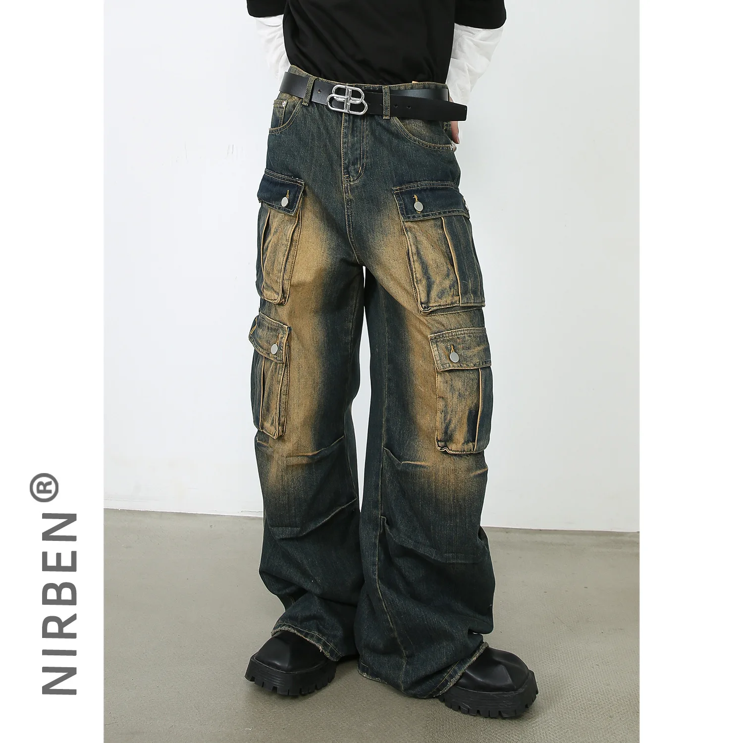 Denim American Retro Overalls Men's Jeans High Street Loose Straight Multi-pocket Wide-leg Trousers