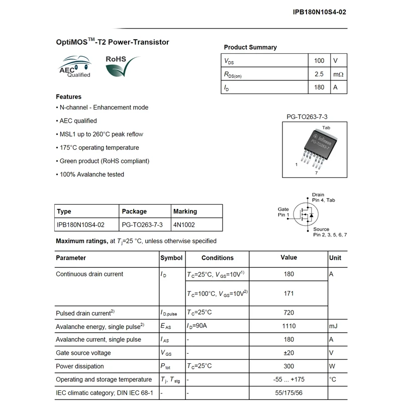 IPB180N10S4-02 TO-263 4N1002 1PCS IPB180N10S4 1 N-channel high current MOSFET