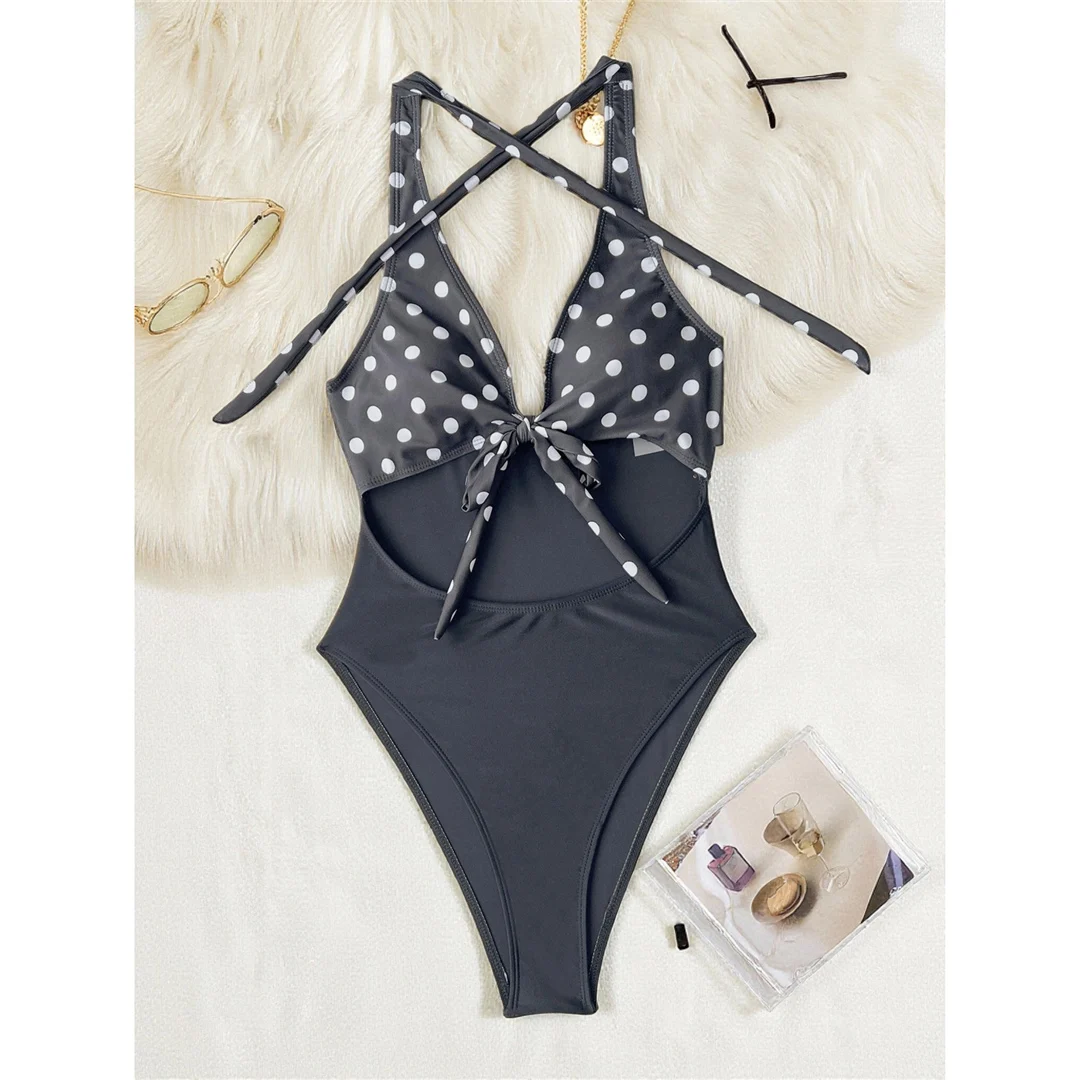 S - XL Polka Dots Splicing Cut Out Einteiliger Badeanzug Damen Bademode Halterneck mit hohem Beinausschnitt Badeanzug Badebekleidung V8298 – Detail 4