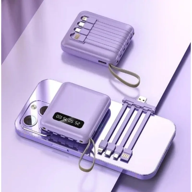 Mini Charger High-capacity Portable Power Bank with Flashlight LED 4 in 1 Detachable Cable 10000mah Powerbank Slim