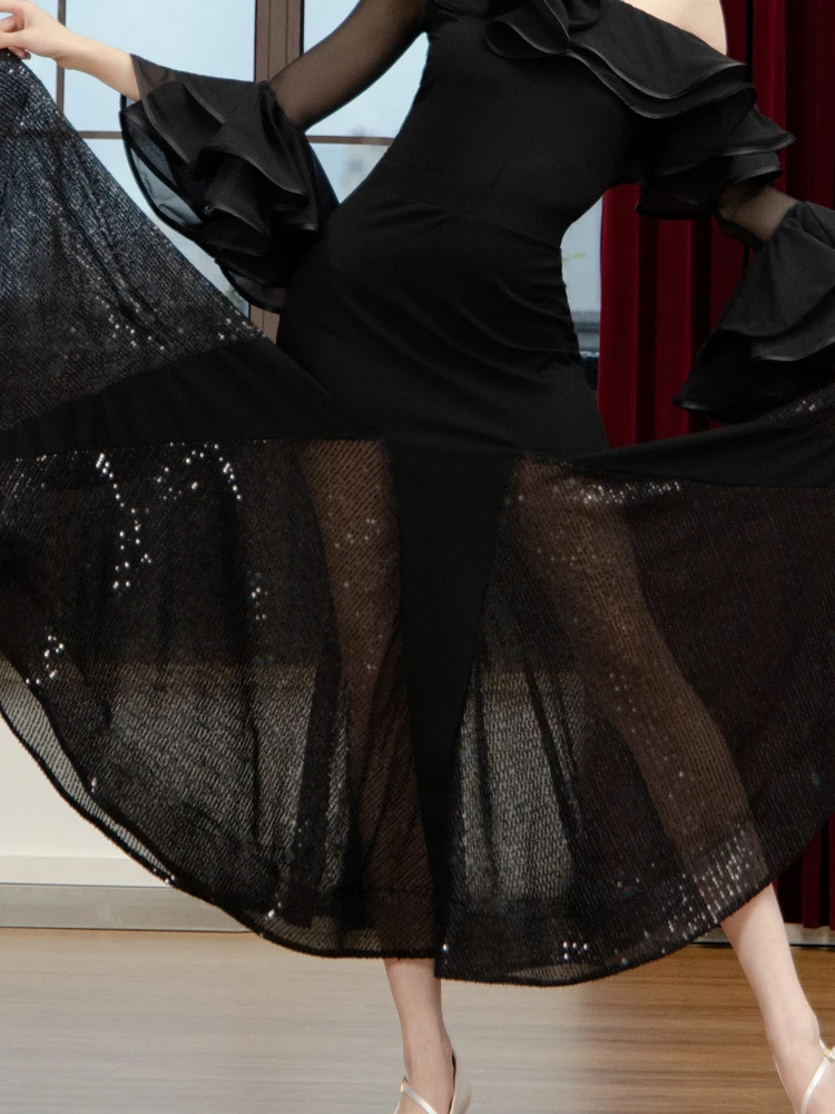 Nowe spódnice do tańca towarzyskiego dla dorosłych na rok 2025, seksowne czarne spódnice z siateczki i cekinami, szerokie spódnice do chacha, rumby, tanga, nowoczesnego tańca, model XH3846