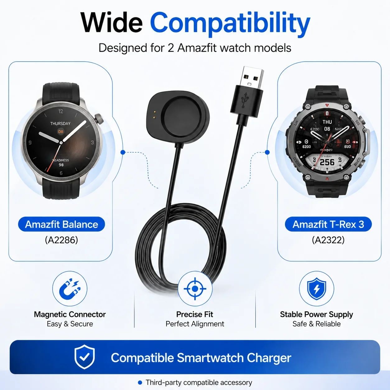 For Amazfit Balance A2286 T-Rex 3 A2322 Magnetic Charger Cable 1M USB Smart Watch Charging Cord 5V 1000mA Replacement Accessory