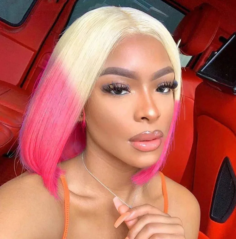 WHIMSICAL W Synthetic Short Blonde Orange Cosplay Wig Straight Bob Wigs for Women Middle Part Natural Blonde Pink Red Hair Wigs