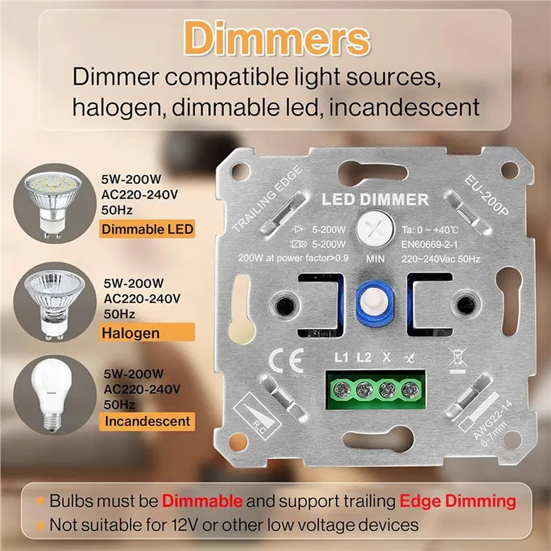 4X LED Dimmer Switch 230V For Dimmable Leds/Halogen 5-200W With White Cover Plate-[Toolmr A83]
