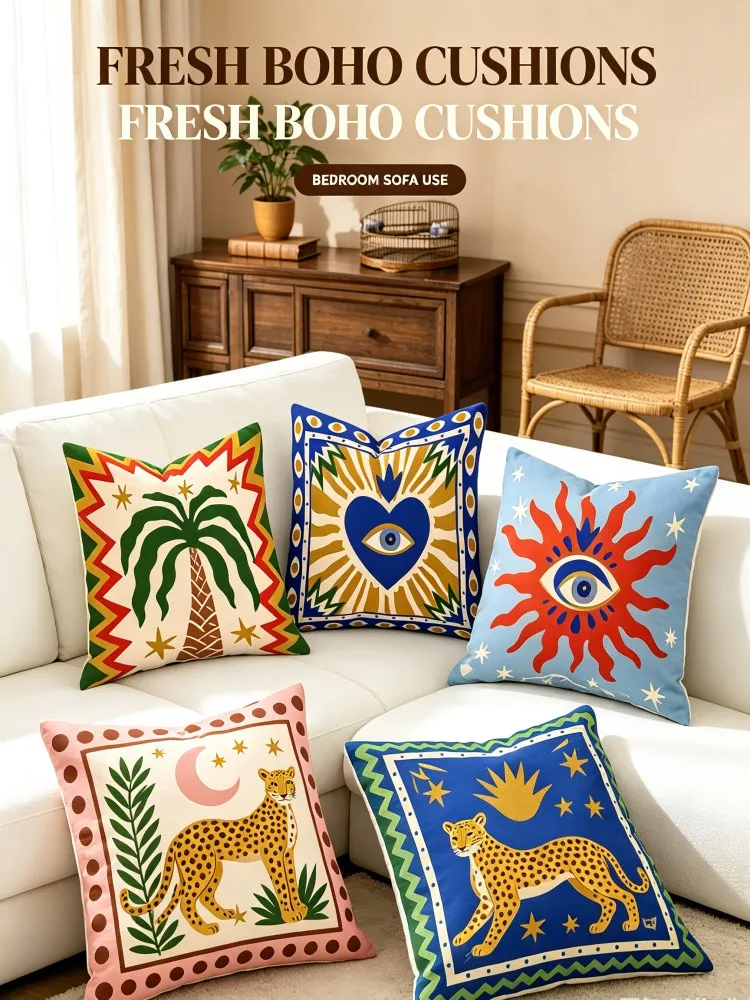 Boho Folk Art Throw Pillow Covers, Retro Evil Eye Sun Leopard Palm Tree Print Decorative Square Cushion Cases, Vintage Ethnic Tr