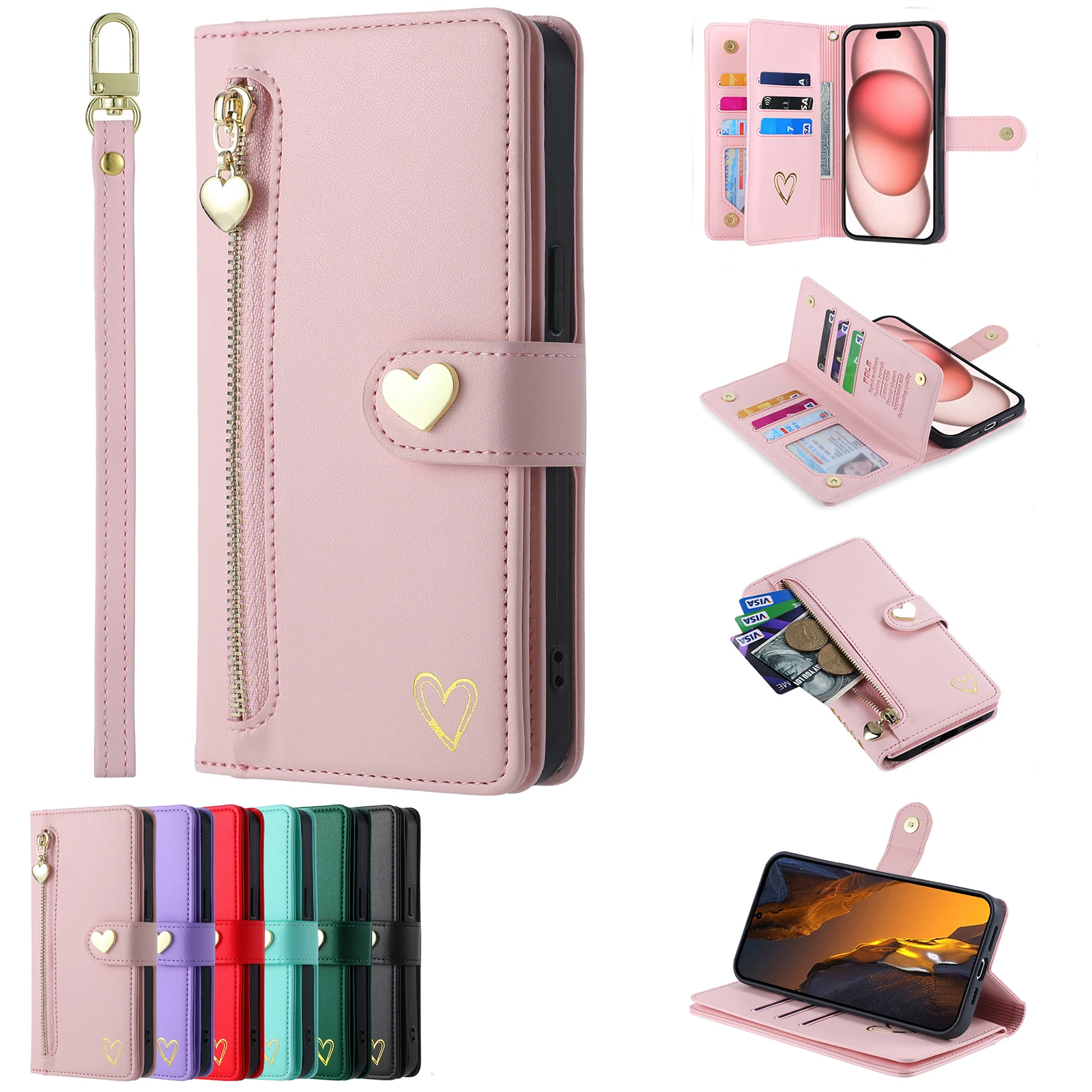 Flip Zipper Wallet Case for Motorola Moto E40 E32 E32S E30 E22 E20 E13 E7 Power E6 Play Multi 9-Card Leather Wrist Strap Cover