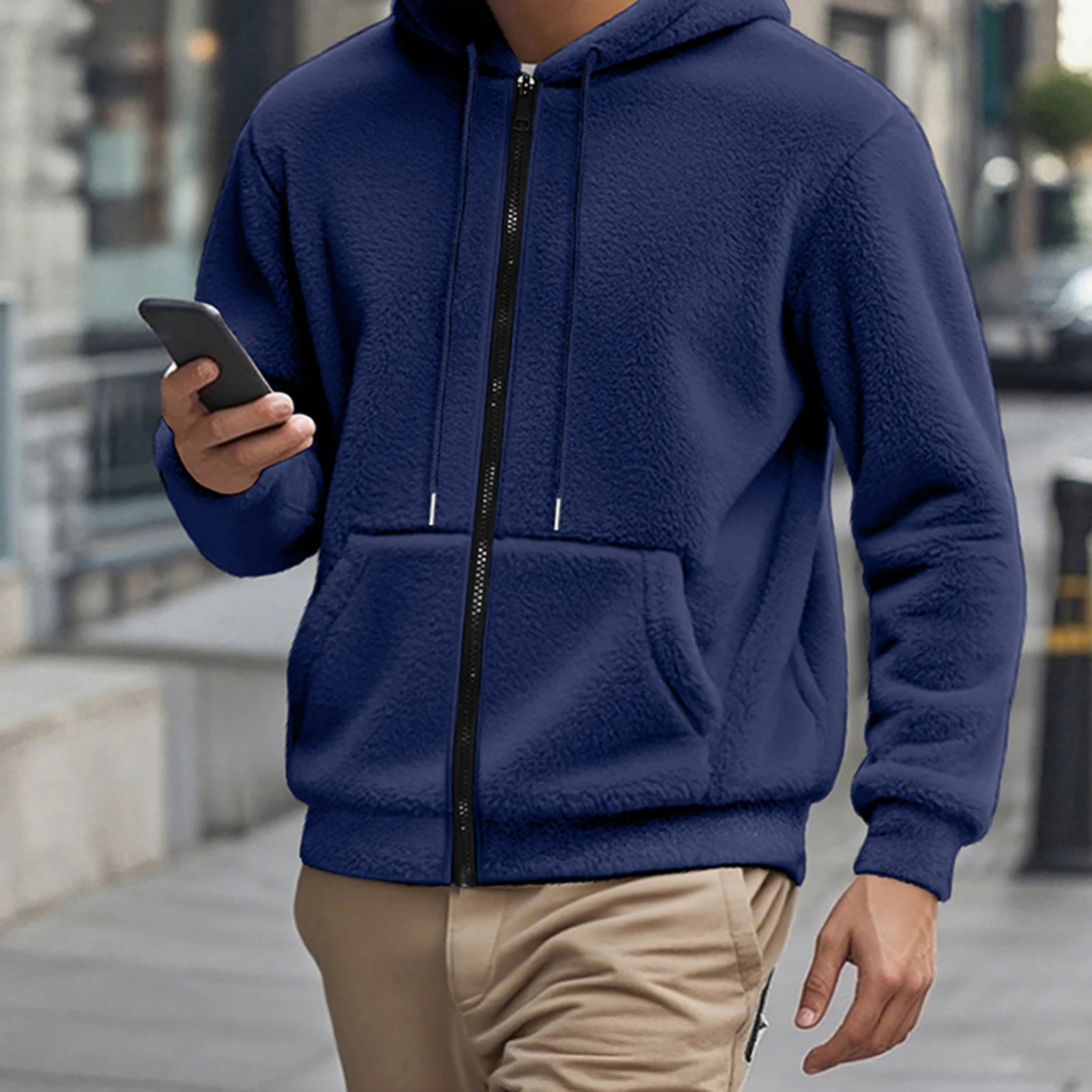 

Men's Hooded Coat with Pocket Fall Winter Fashionable Solid Color Zipper Up Fuzzy Jacket Outwear