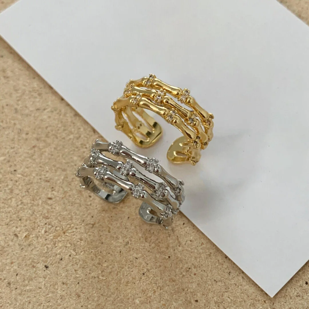 New in minimalist retro three-layer bamboo knot opening ring creative inlaid diamonds rings for women high-end banquet jewelry