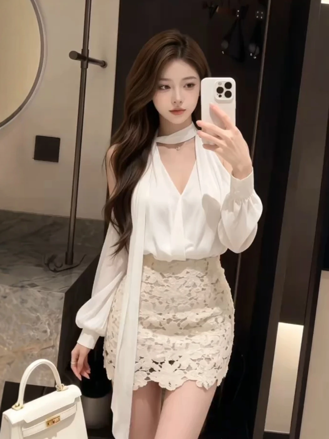 

Elegant Embroidered V-Neck Top And Skirt Set Women's Summer Design Sensation Sash Two-Piece Suit High Waist Loose Fit Long Sl...