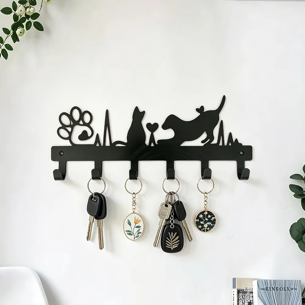 CIFBUY Metal Wall Hooks Cat Dog Heartbeat Design Pet Lover Decor Functional Entryway Organizer Modern Black Finish Ornament