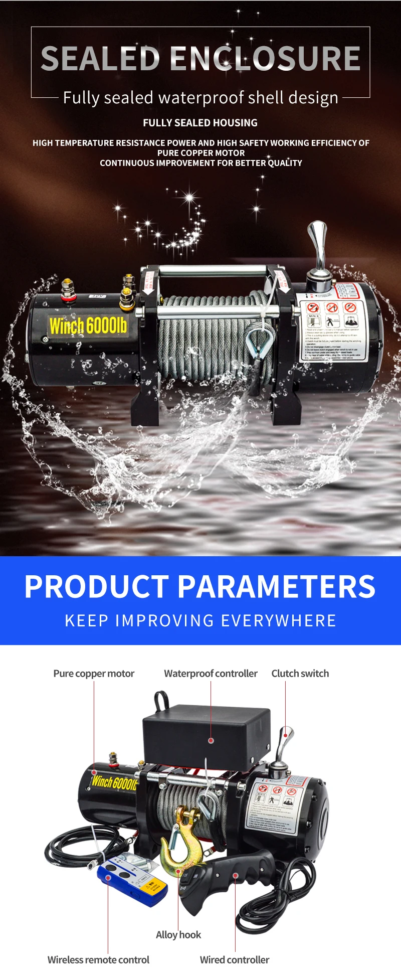 Factory Direct Sale Portable 6000lb Electric Winch With Wireless Remote Control