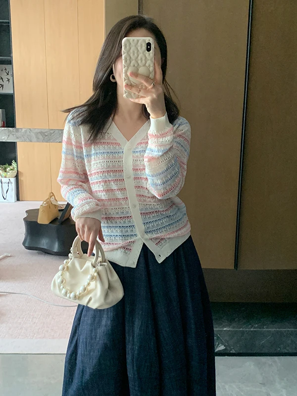 

Весенняя коллекция: Вязаный кардиган в корейском стиле из ацетатной шерстяной смеси с мягкими цветными полосками, V-образным вырезом, женская кофта