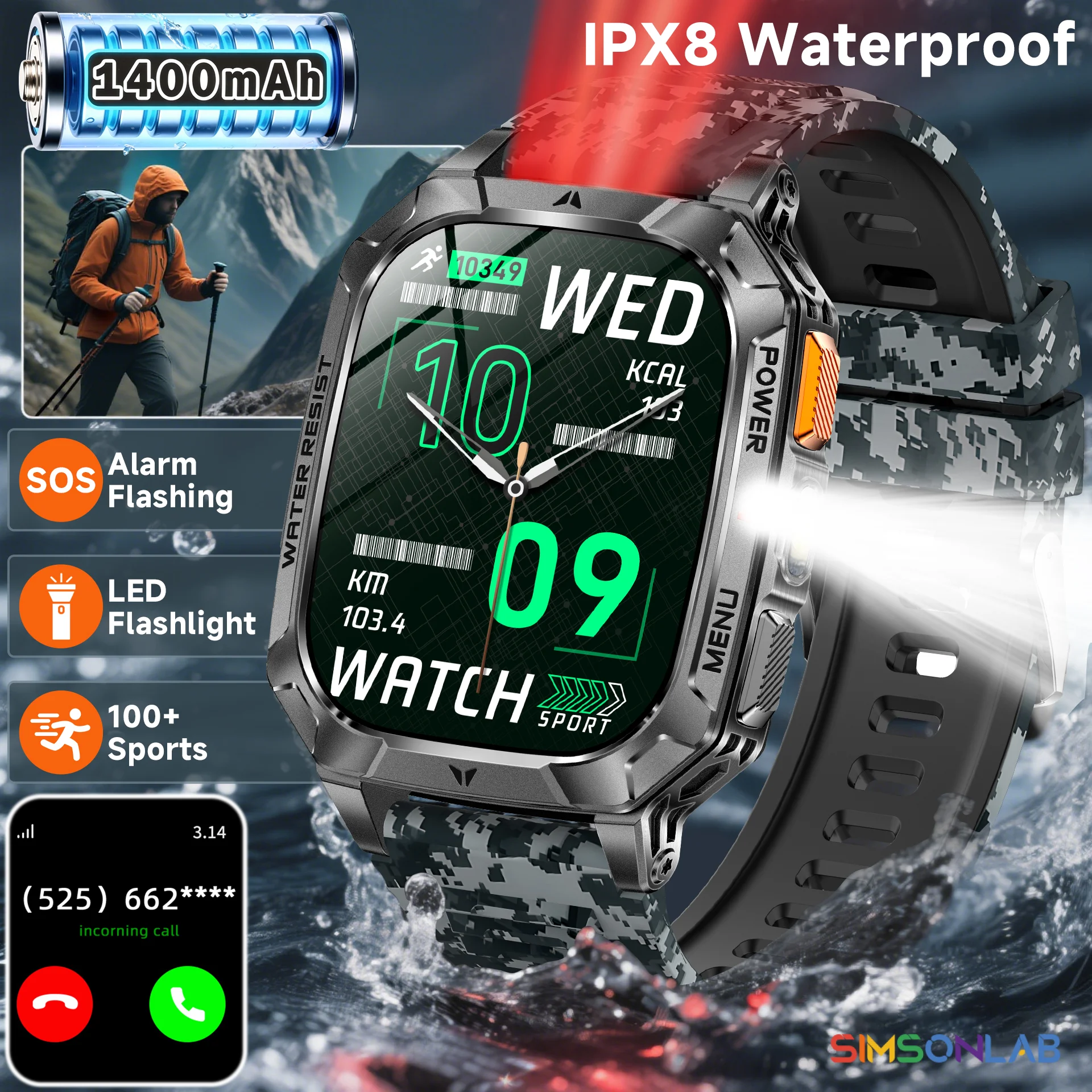 2026 New Exercise 1400mAh Battery Smart Watch Tracking 10ATM Waterproof Sports Tracker Outdoor Military blood oxygen detection