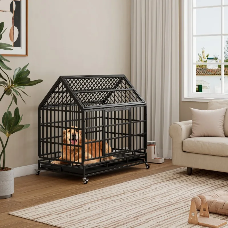 الثقيلة الكلب قفص عجلات للطي قفص معدني كبير متوسط الكلاب أشار سقف للإزالة صينية بيت الحيوانات الأليفة قوي