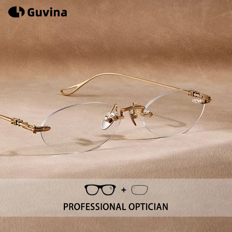 Designer Pure Titanium Oval Frames Ultra Light Frameless Optical Blue Light Prescription Glasses Myopia Hyperopia For Women