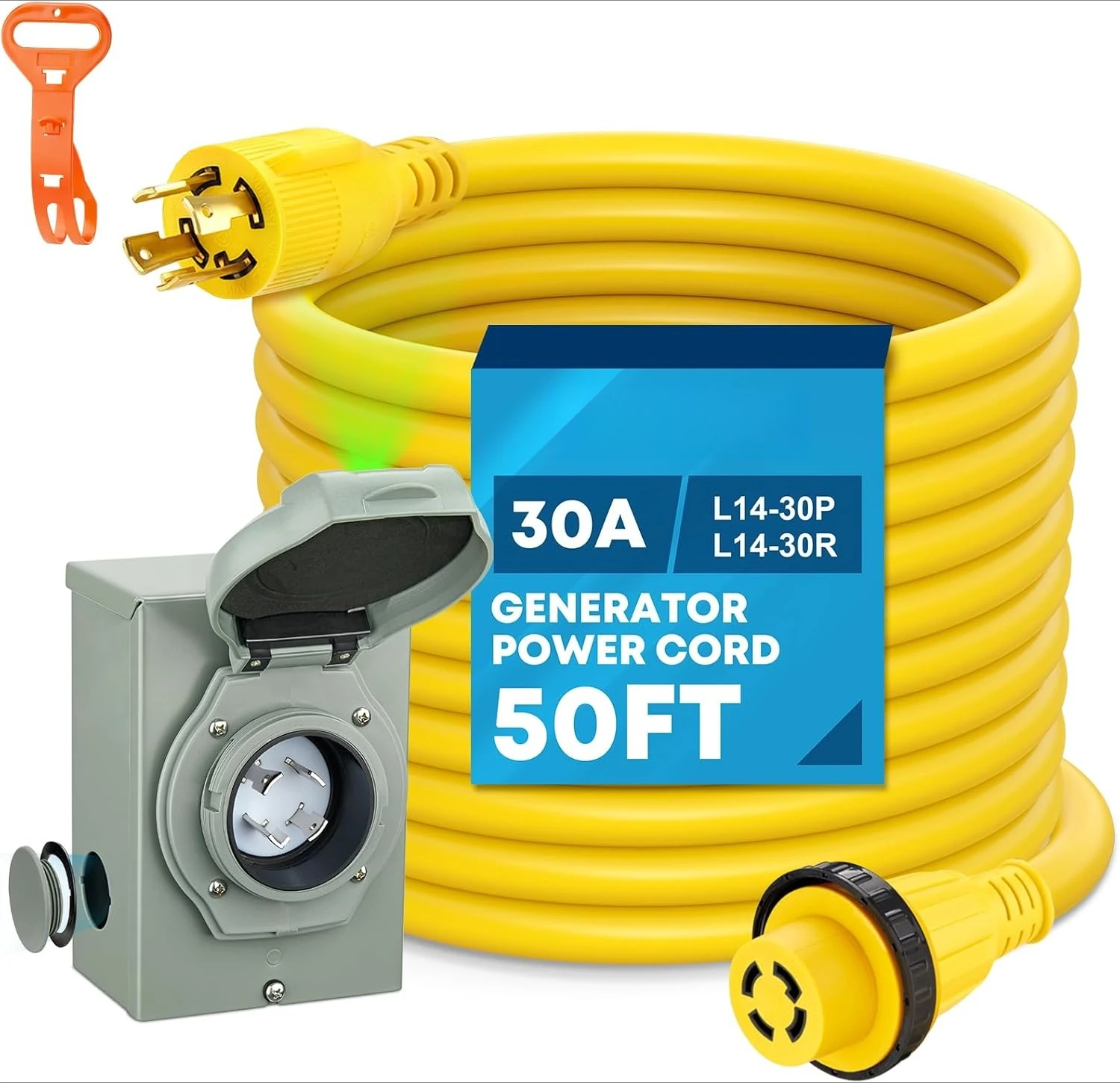 

50 Feet 30 Amp Generator Cord and Power Inlet Box Kit, 4 Prong NEMA L14-30P to L14-30R Generator Extension Cord,New Popularity