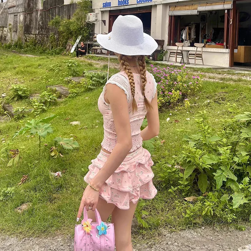 الكورية الشابات 2 قطعة البيكينيات مجموعة جميلة الخامس الرقبة المحاصيل الأعلى الكشكشة المتدرج تنورة لوليتا نمط لطيف الفتيات ملابس الشاطئ