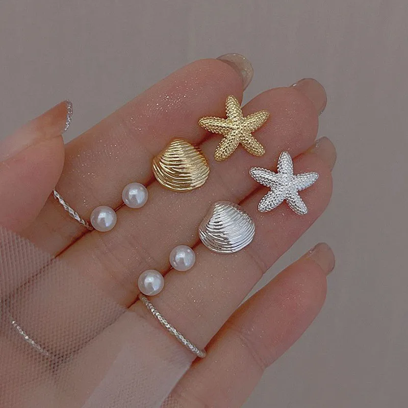 4Pcs Sweet Pearl Starfish Stud Earrings for Women Simple Metal Shell Earrings Set Trend Elegant Exquisite Light Luxury Jewelry