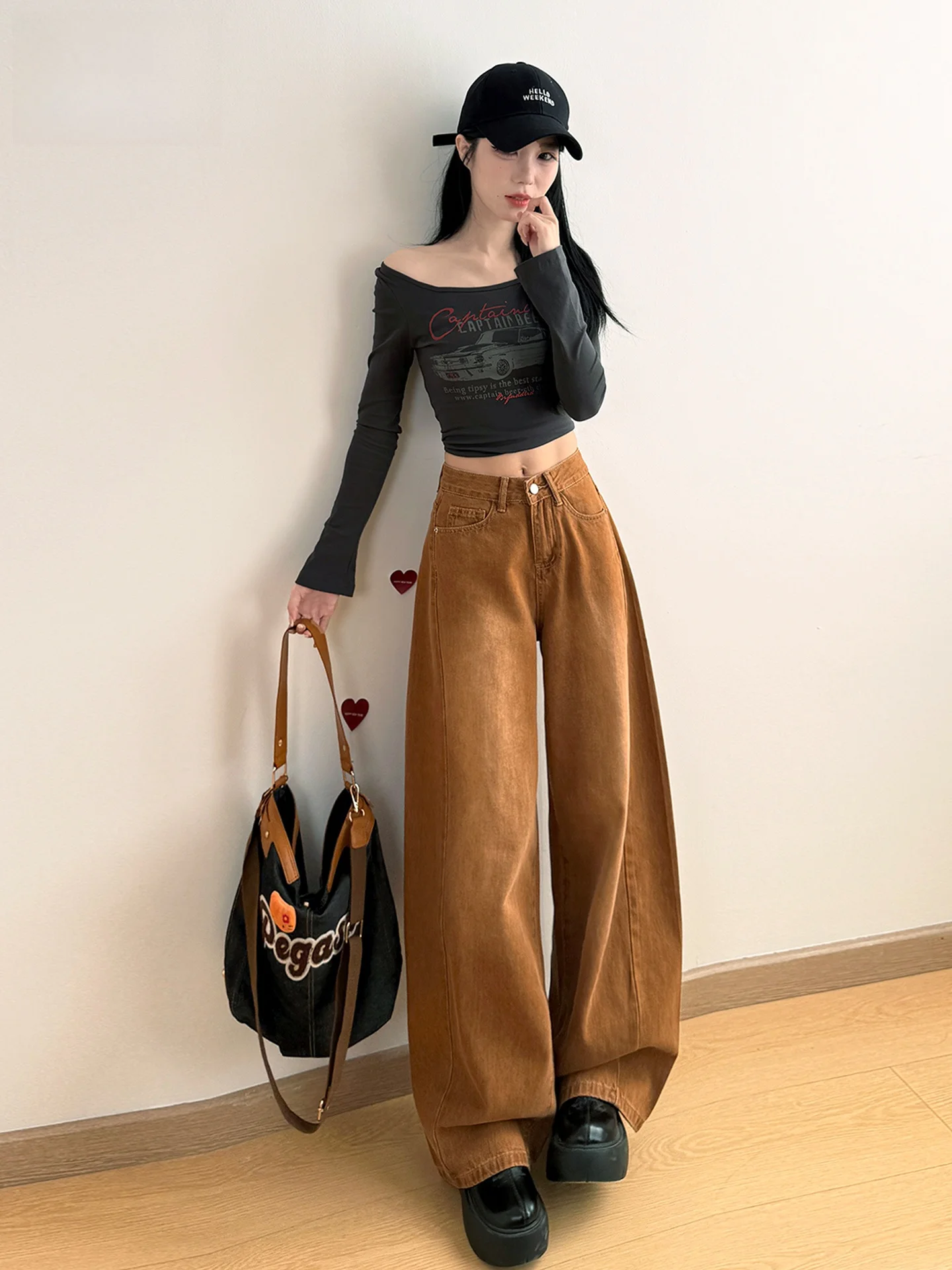 

American Style High Waist Caramel Color Wide Leg Jeans Women's Spring Summer Loose Fit Casual Straight Long Pants