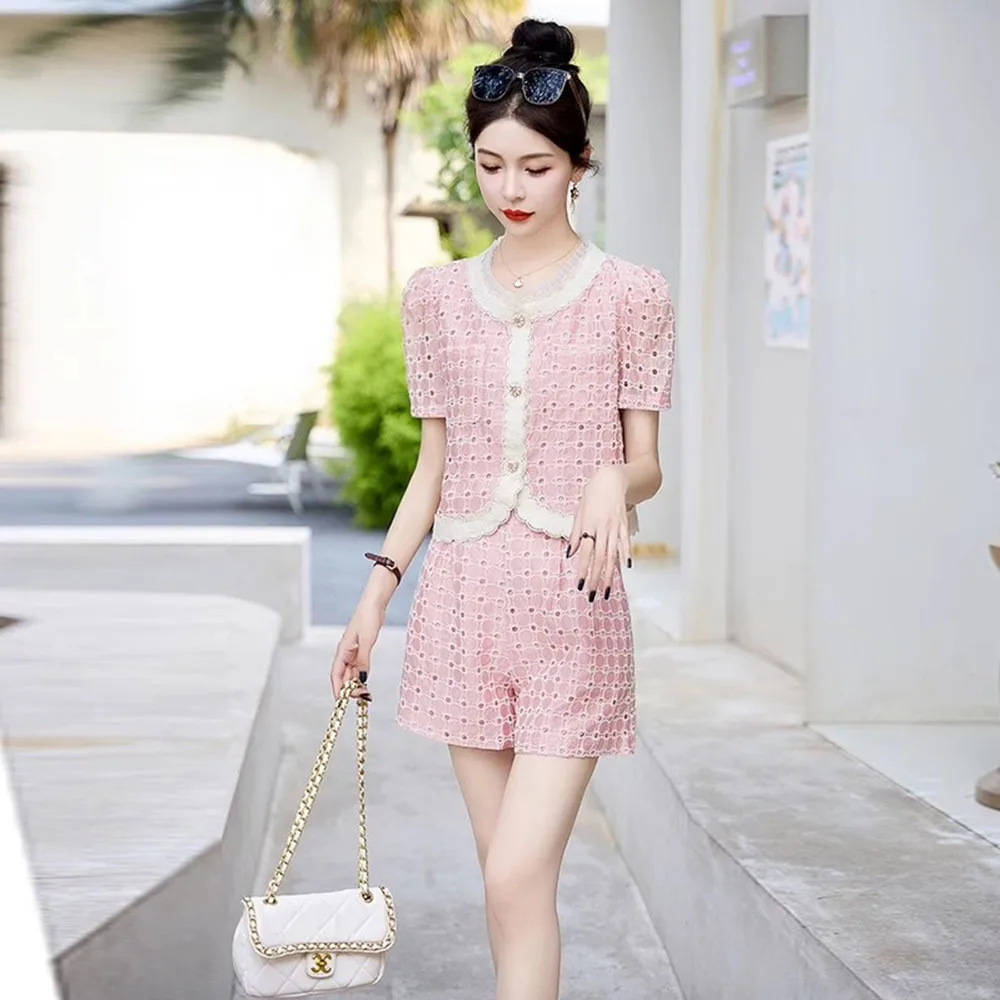 Korean Fashion 2024 Summer Sweet Pink Two Piece Set Women Single Breasted Embroidery Hollow Tops + Pockets Wide Leg Shorts Suit