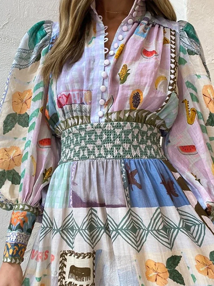 Temperament Commuter Printed Button Front Open Dress High Waist Tunic 2024 Bohemian Autumn Women Clothing Long Shirt Dress A2765