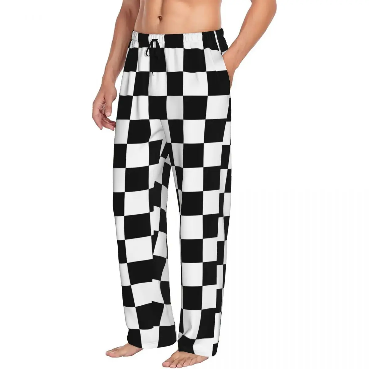 Custom Men Checker Pajama Pants Print Black And White Sleep Sleepwear Bottoms with Pockets
