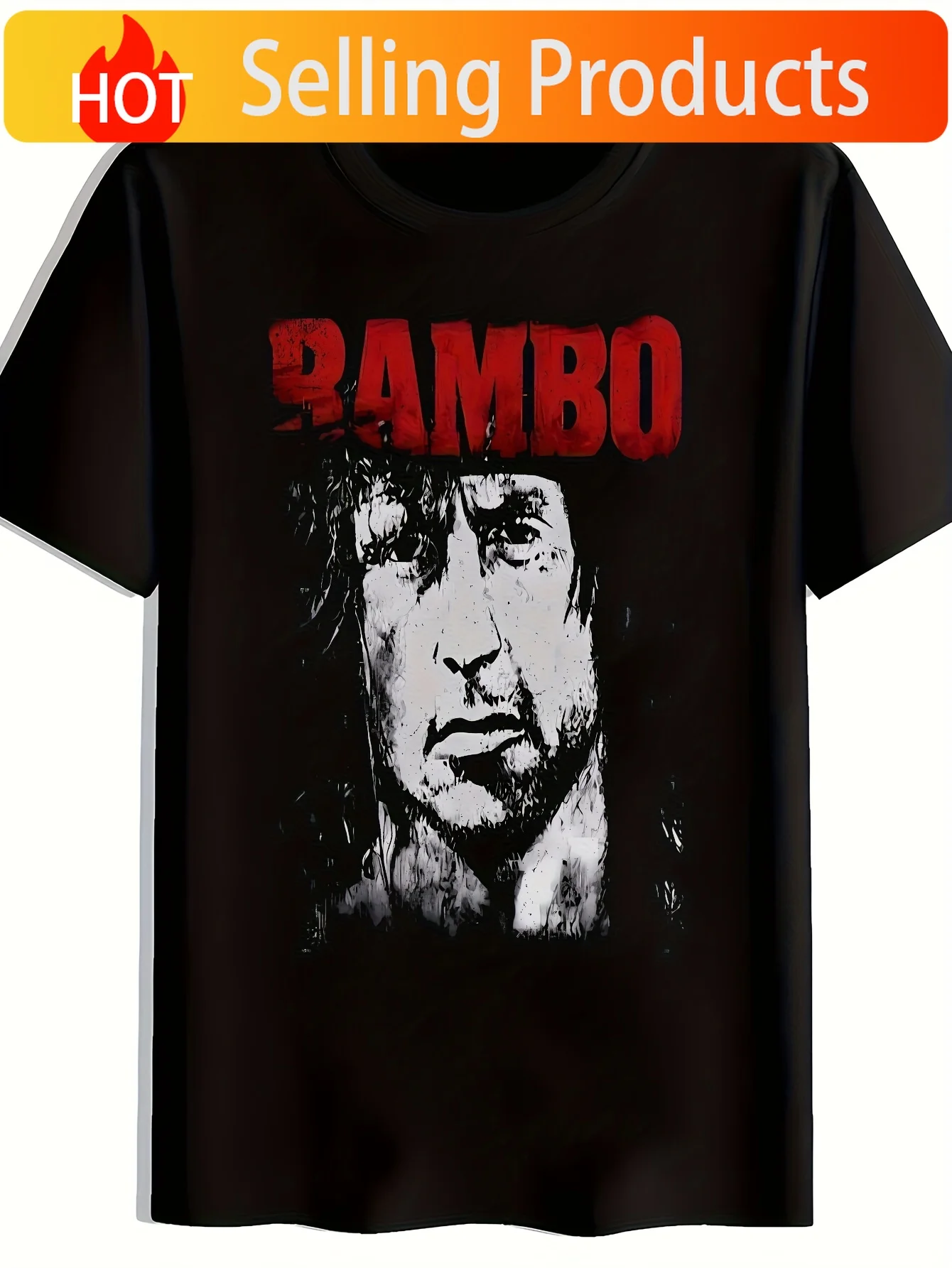 RAMBO Red Bold Print T-Shirt, Summer, Versatile, Sporty, Trendy T-Shirt, Round Neck Short Sleeve Top, Casual Everyday Wear, Men'