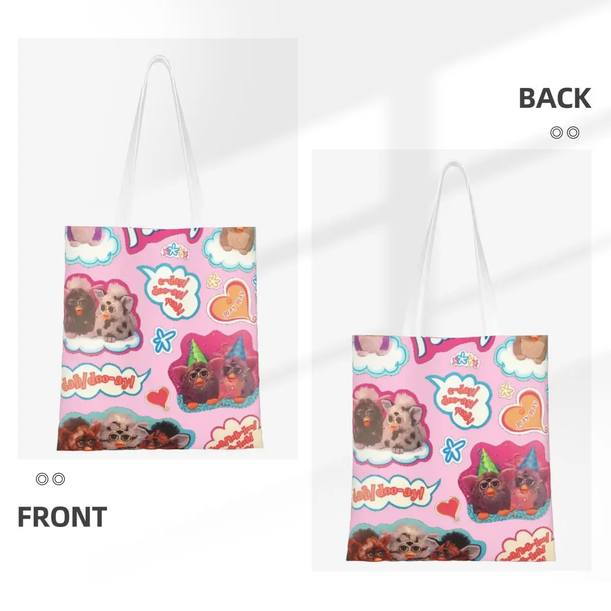 Custom Cartoon Animal Robot Furbys Groceries Tote Shopping Bags Women Cute Canvas Shoulder Shopper Bag Big Capacity Handbag