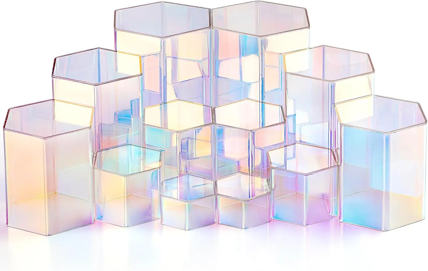 

12 Pcs Hexagonal Acrylic Display Risers, 6 Sizes Rainbow Colors for Jewelry Figures Showcase