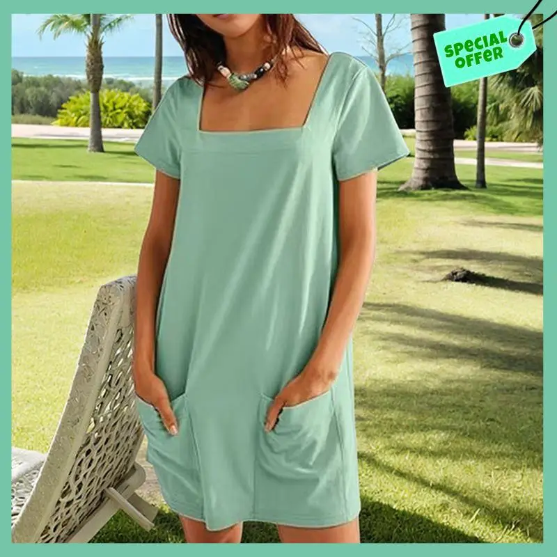 

Sturdy Womens Solid Color Casual Summer Square Neck Short Sleeve Mini Dresses With Pockets