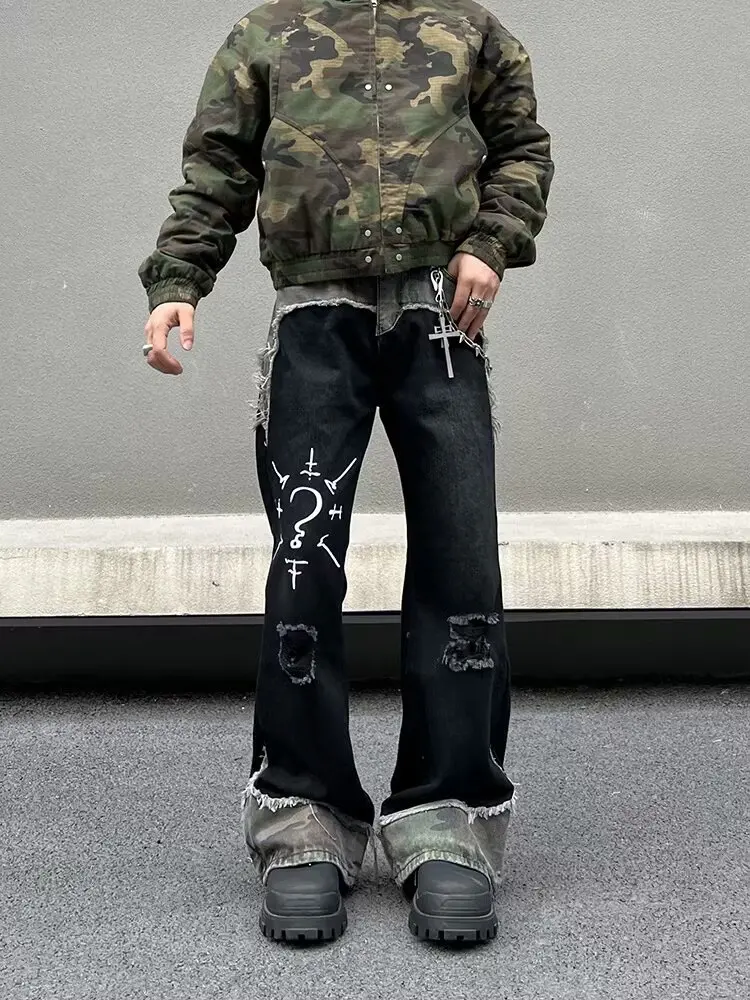 

2025 Punk Y2K Style Camouflage Patchwork Graffiti Baggy Ripped Jeans Pants For Men Clothes Straight Long Trousers Pantalon Homme